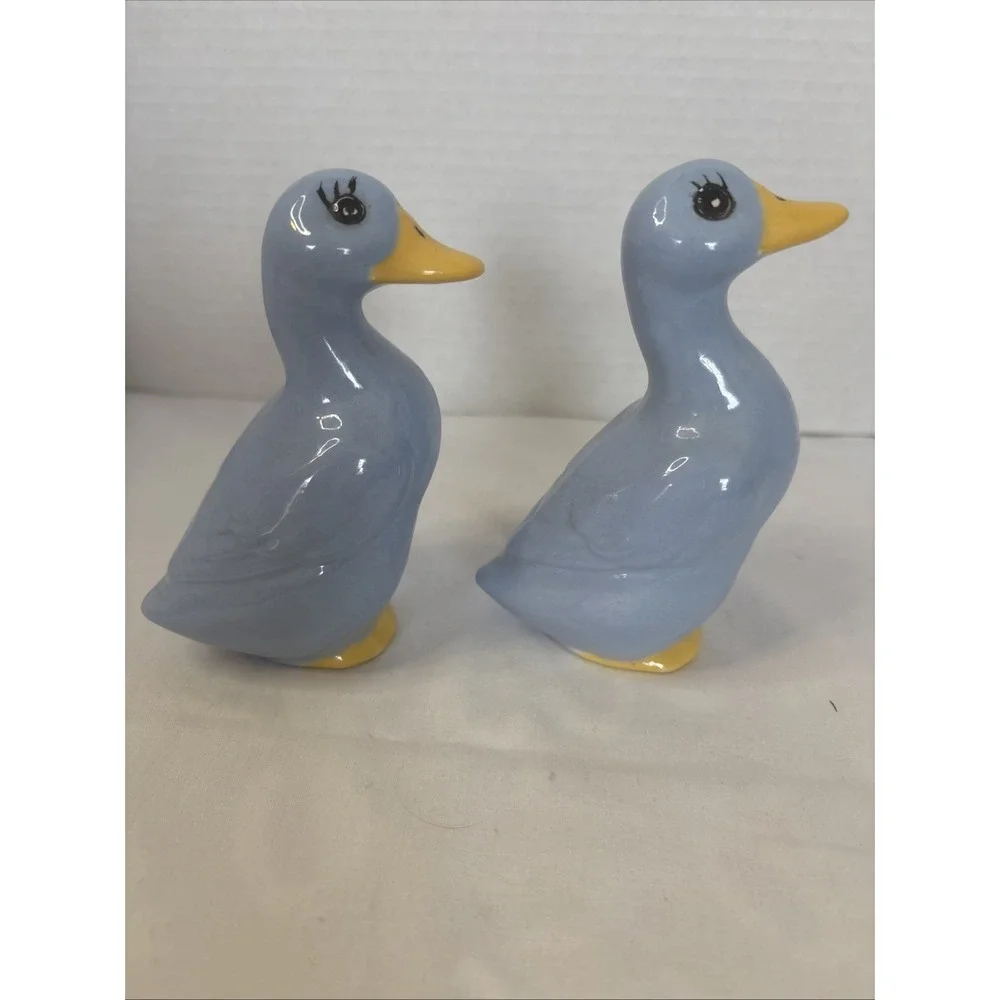 Vintage Pear Of Blue And Yellow, Ceramic Duck Figurines, Salt, n Pepper Shakers